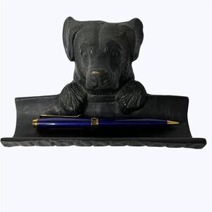 Vtg Cast Metal Labrador Dog Head Pen Rest Business Card Holder Desk Tray Black